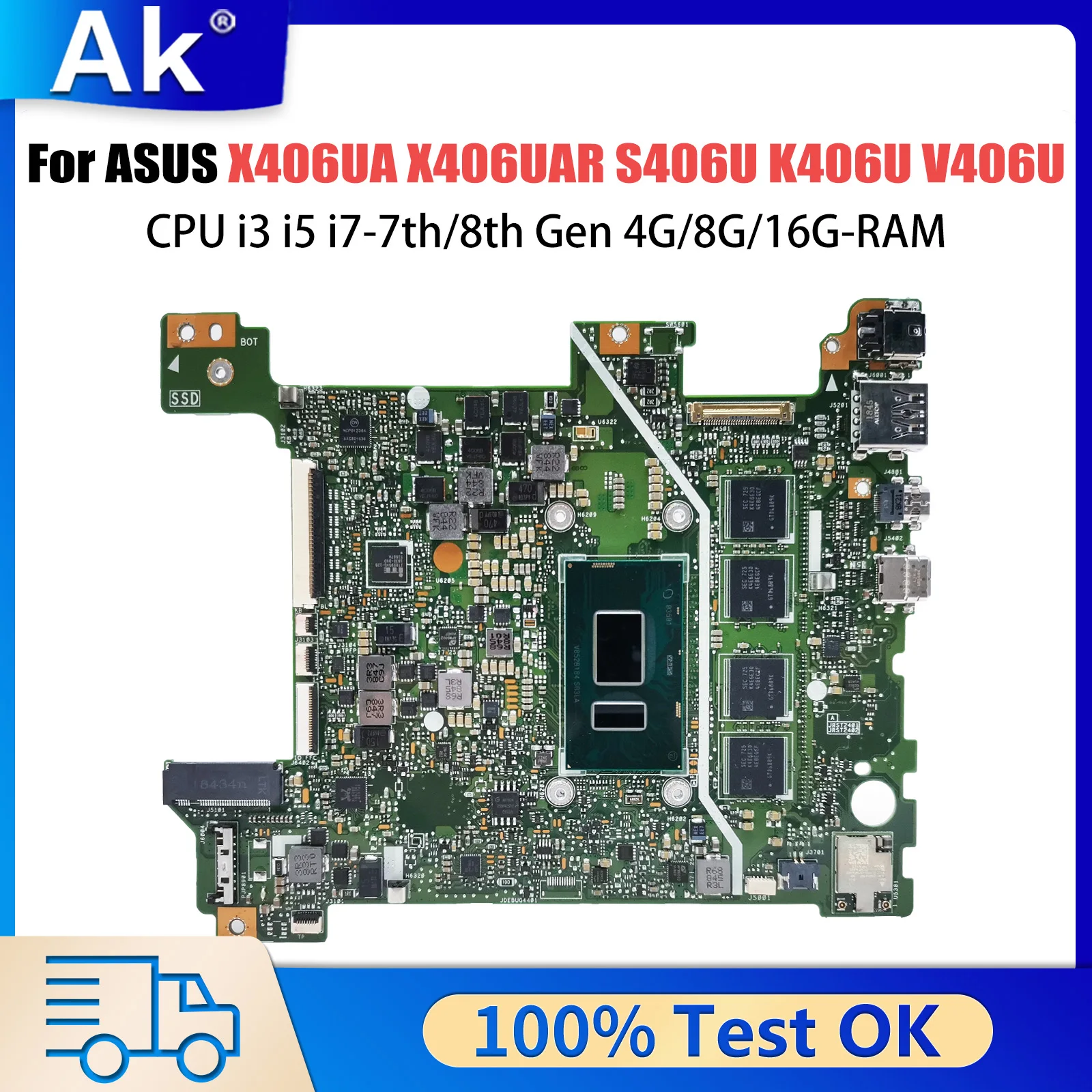 X406UA Laptop Motherboard For ASUS VivoBook S14 X406UAR S406U K406U V406U Y406U Mainboard With CPU i3 i5 i7-7th/8th Gen 4G/8G/16