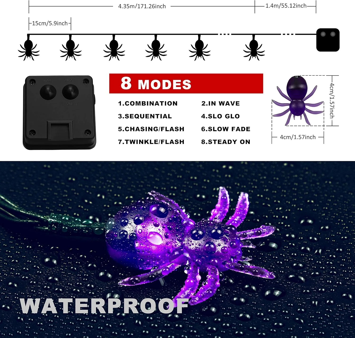 1pc 20/30 LED Halloween Spider Outdoor String Light With 8Lighting Modes Lamp Solar Powered For Home Garden Yard Halloween Decor