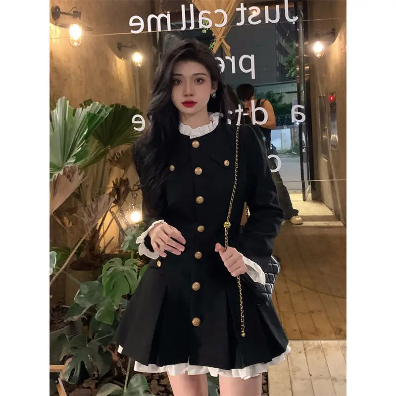 High End Small Fragrant Style Suit Dress Petite and Stylish Waist Cinching Hepburn Style Black Dress