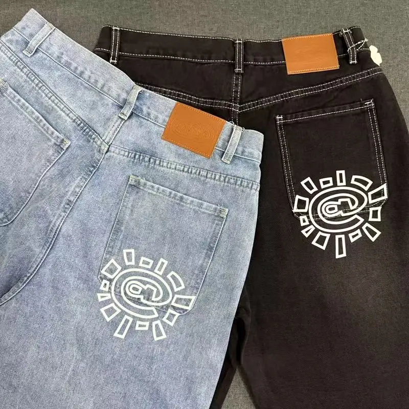 

Мужские свободные джинсы с принтом и средней посадкой, в уличном стиле, для скейтбординга, повседневные прямые брюки, летняя мода