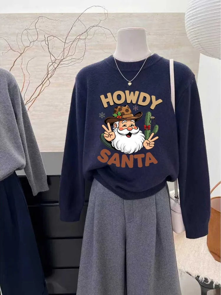 Großer Strickpullover mit festlichem Aufdruck, lang, Sve Round Ne Damen Cisas S Claus, Cartoon-Design, weich, koreanisches Sle