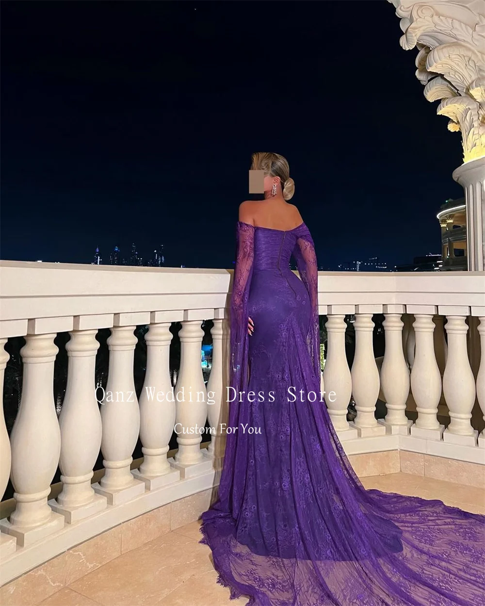 Qanz Purple Lace Luxury Evening Dresses Long Cape Sleeves Mermaid Vestidos De Fiesta 2024 Abendkleider Dubai Customized