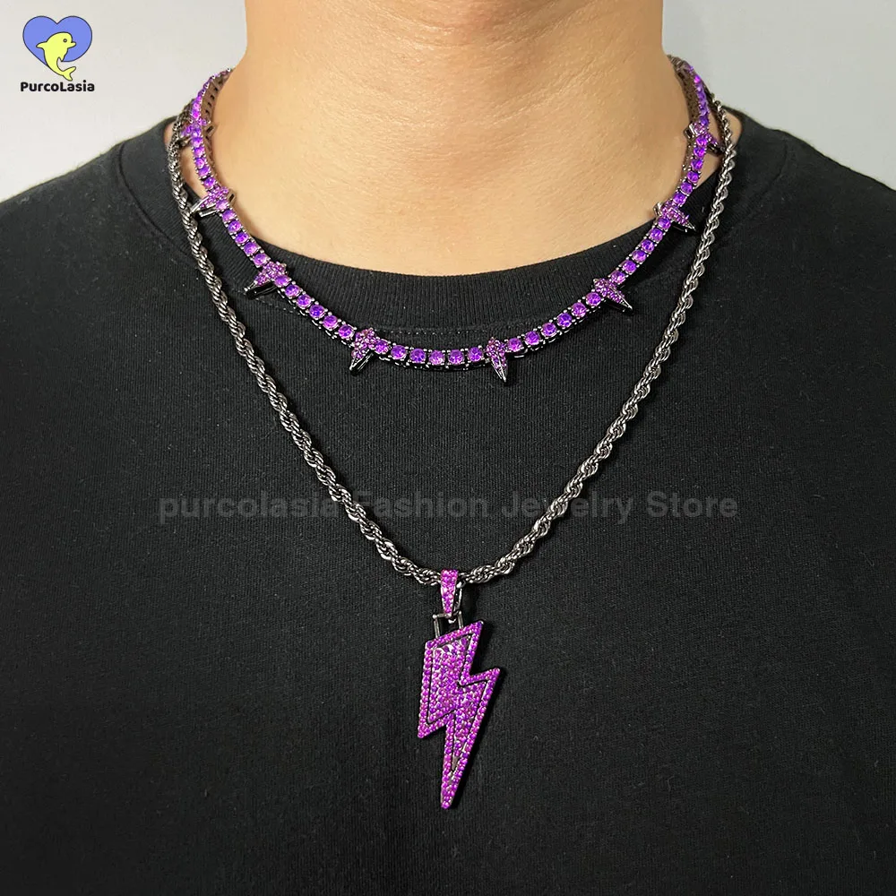 Hip Hop Lightning Pendant Dark Purple Iced Out CZ Tennis Chain Necklace Men or Women Black Panther Rock Rivet Jewelry