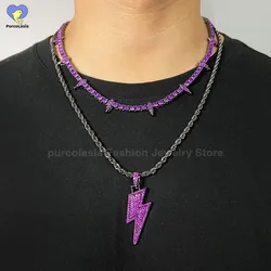 Hip Hop Lightning Pendant Dark Purple Iced Out CZ Tennis Chain Necklace Men or Women Rock Rivet Jewelry