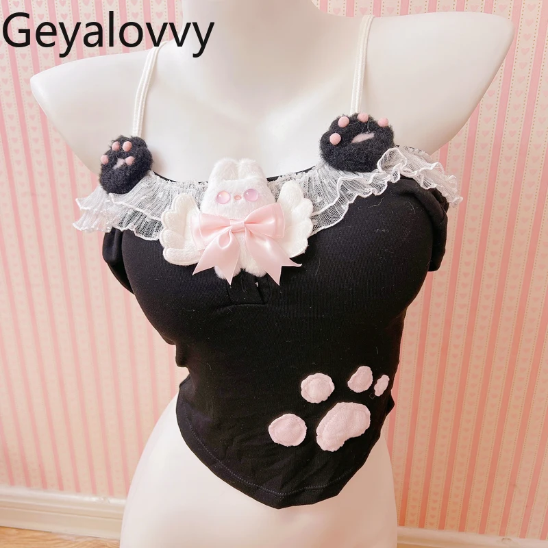 

Original Handmade Hot Girl Pure Desire Style Cute Sweet Versatile Vest Camisole Black Outerwear Short Crop Tops for Women