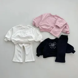 2024 Spring Autumn Fashion Girl Baby Bow Long Sleeve Tops+ Solid Flared Pants 2pcs Children Cotton Sweatshirt Set Kids Tracksuit