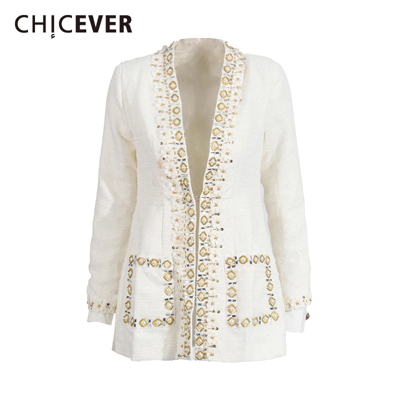 CHICEVER Runway Style Spliced Appliqes Blazer for Women Deep Neck Long Sleeve Patchwork Single Button Chic Coats Female Clothes
