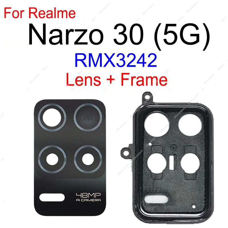 For Realme 8 8S Narzo 30 5G Rear Back Camera Glass Lens Back Camera Glass Cover Lens Frame with Adhesive Sticker Repair