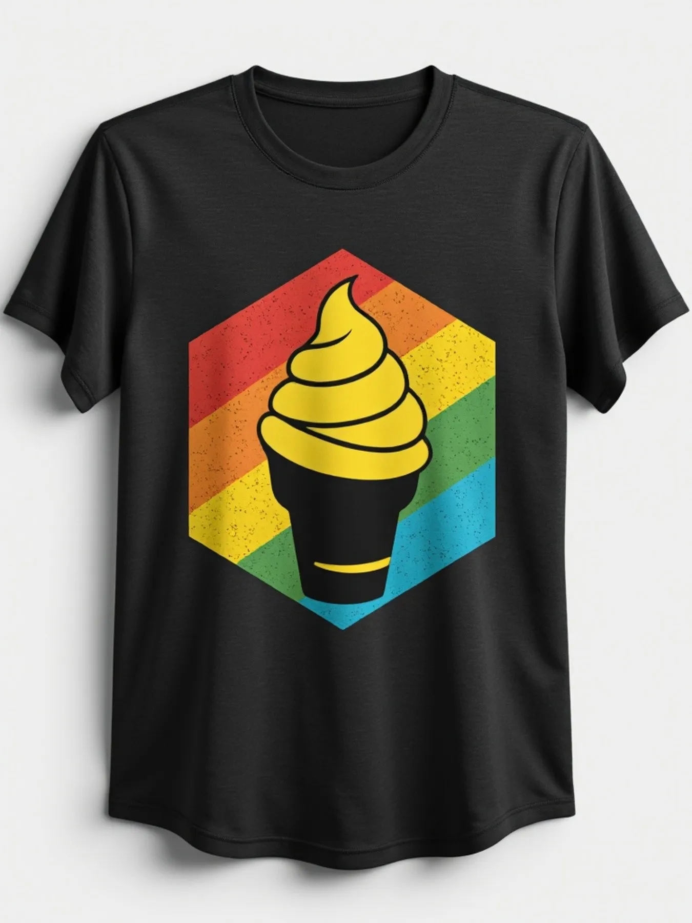 

Men's Black Casual T-Shirt with Rainbow Ice Cream Cone Design, Short-Sleeved, Vivid Retro 80S-Inspired Design, Durable Heat Transfer, Soft Crew Neck T-Shirt Suitable for Casual Wear and Themed Events, Summer Clothing, Party, Daily Wear (Men's Fashion)