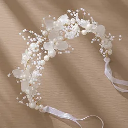 Wedding Hairband Bridal Hair Jewelry Gentle Flower Pearl Headdress With Ribbon Fashion Beads Marriage Headbands Lady Tiaras Gift