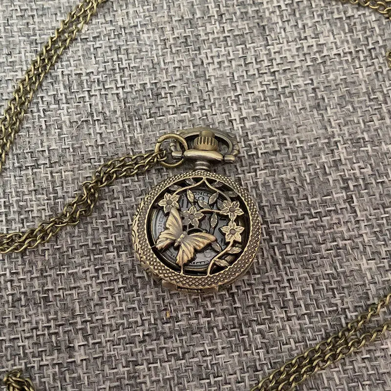 أزياء لطيف خمر الجوف فراشة الكرمة زهرة ساعة الجيب اللون البرونزي ساعة كوارتز سلسلة باردة ساعات كوارتز الهدايا #3