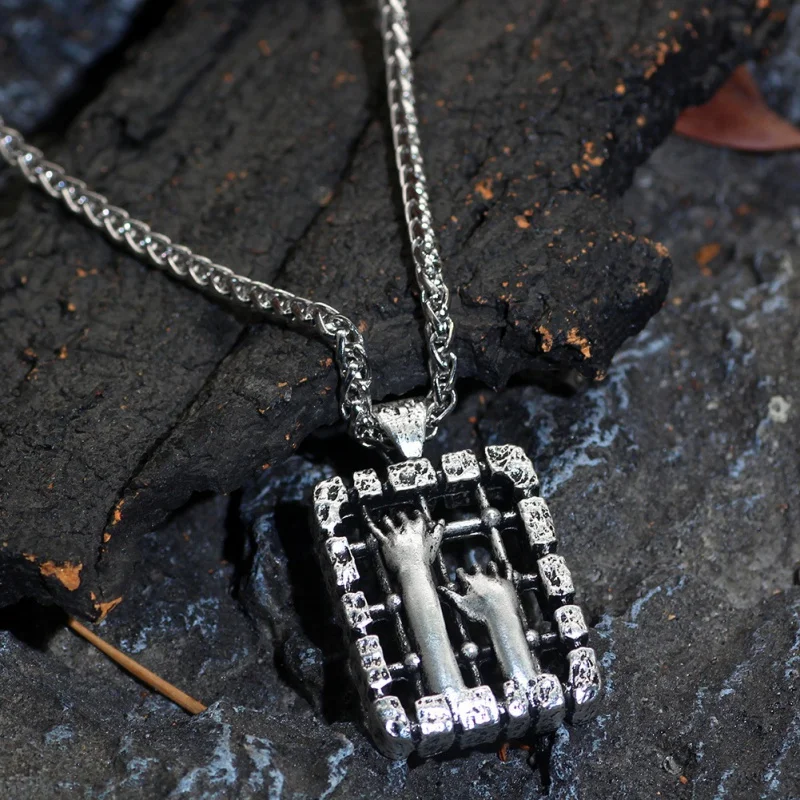 Trendy Gothic Prison Ghost Hand Pendant Necklace for Men's and Women's Hip Hop Punk Ornament