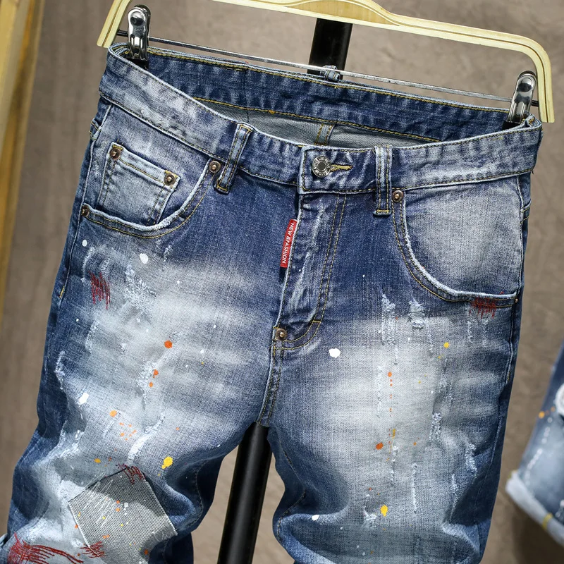 Summer Paint Point Denim Pants Men Stretch Ripped Patch Jeans Shorts Color Thread Embroidered Hand Painted Flip Red Ear Cotton 2