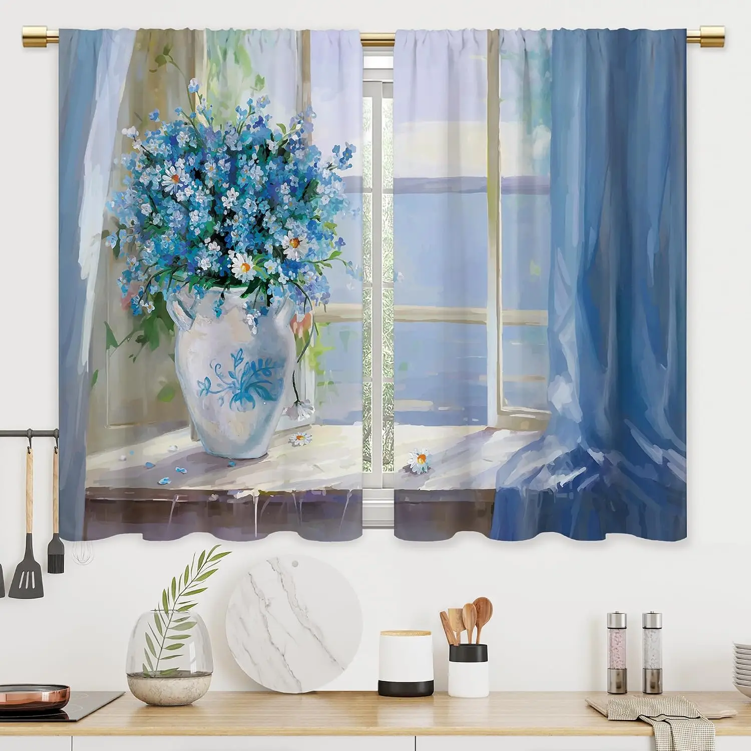 Blue Floral Watercolor Bouquet Curtain 2pcs Pair Drapes Panel Window Curtain for Living Room Bedroom Aesthetic Home Decor