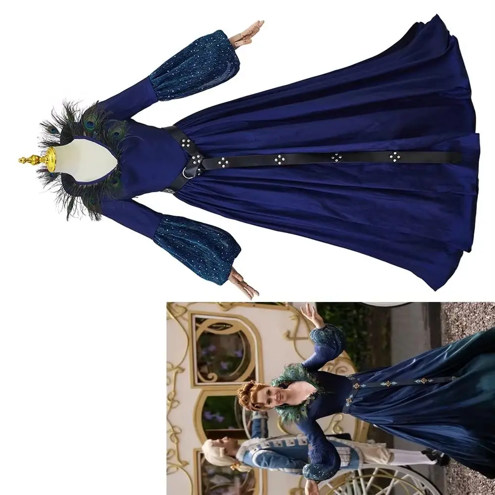 

Movie Malvina Monroe Cosplay Costume Women's Blue Peacock Feather Collar Dress Halloween Carnival Party Evil Queen Robe