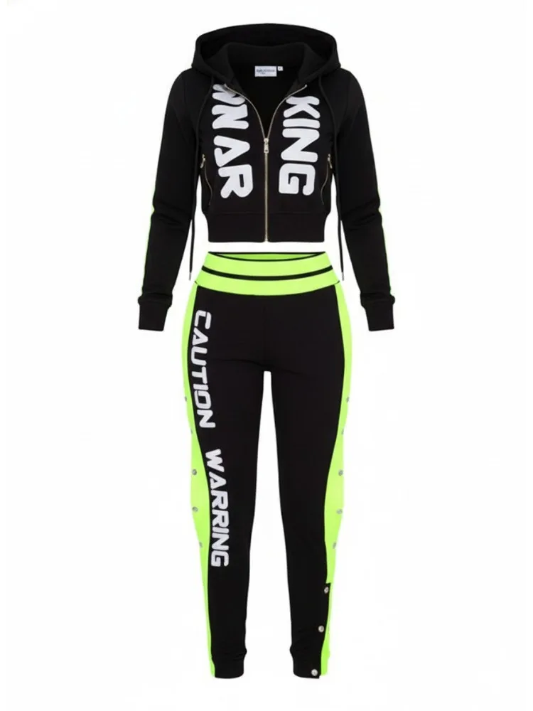 

Gymdolphin Women's Letter Print Cropped Hoodie Jacket + Slit Leggings Pant Sets Sexy Streetwear Outfit Fitness Two-piece Suit