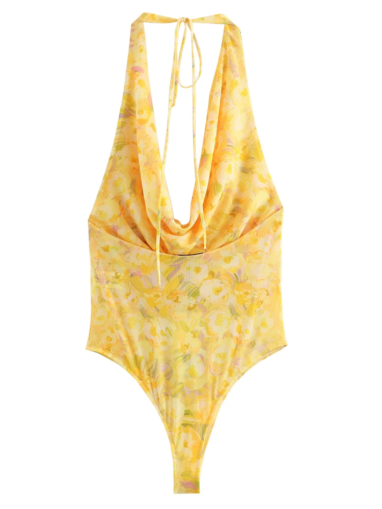 KAOPU ZA Women open back printed tulle fitted bodysuit vintage halter-neck snap-button female playsuits mujer