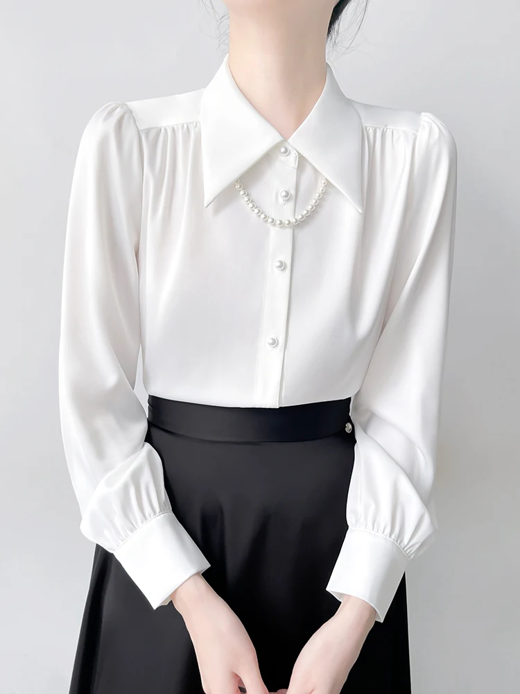 

White Silk Satin Drape Anti-Wrinkle Women's irt for Interview Commute Profional Korean Sle Loose Fit Long Sve Butto...