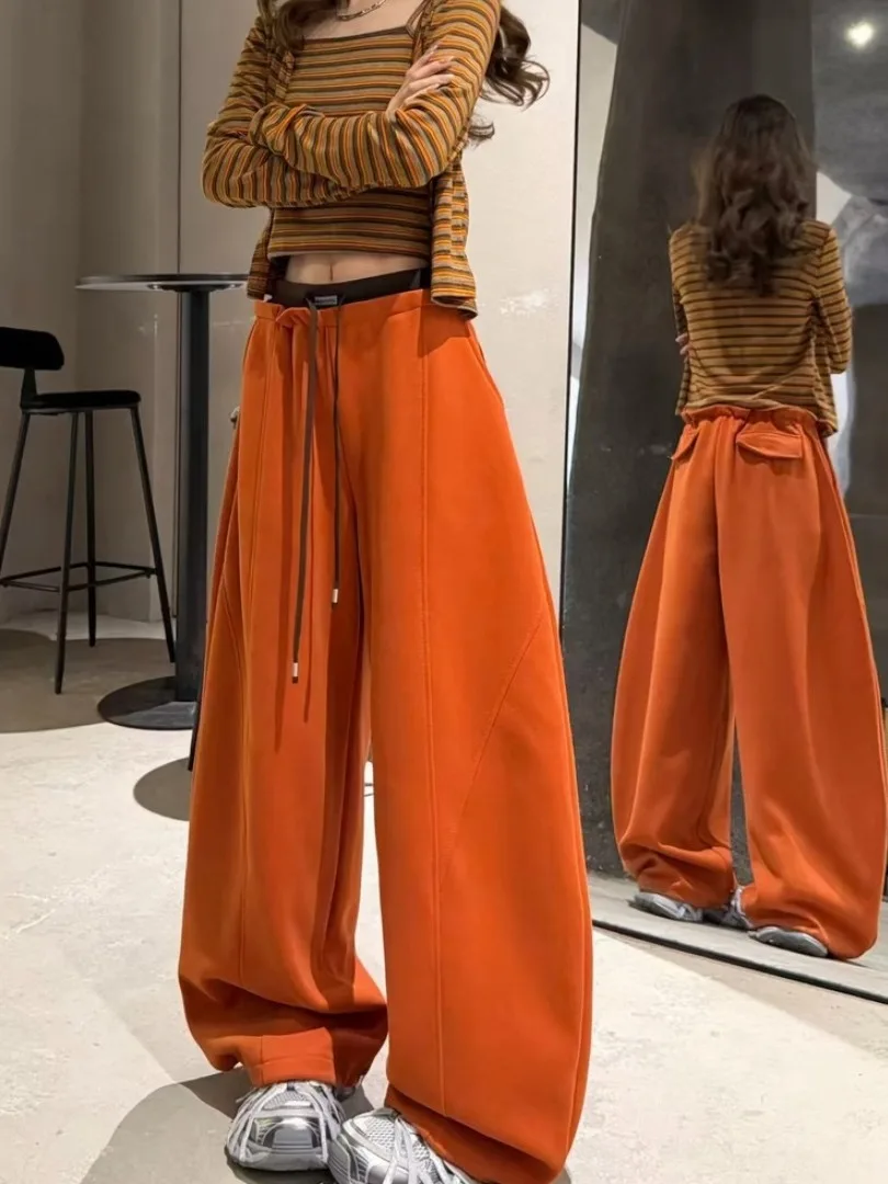 High Waist Wide Leg Casual Pants Women's Orange Loose Slimming Drawstring Lazy Style Drapey Sporty Wind Trousers