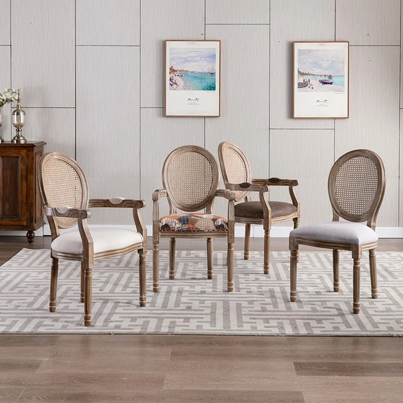 

American Style Solid Wood Dining Chairs with Antique Backrests and Simple Retro Makeup Stools for Home Use,