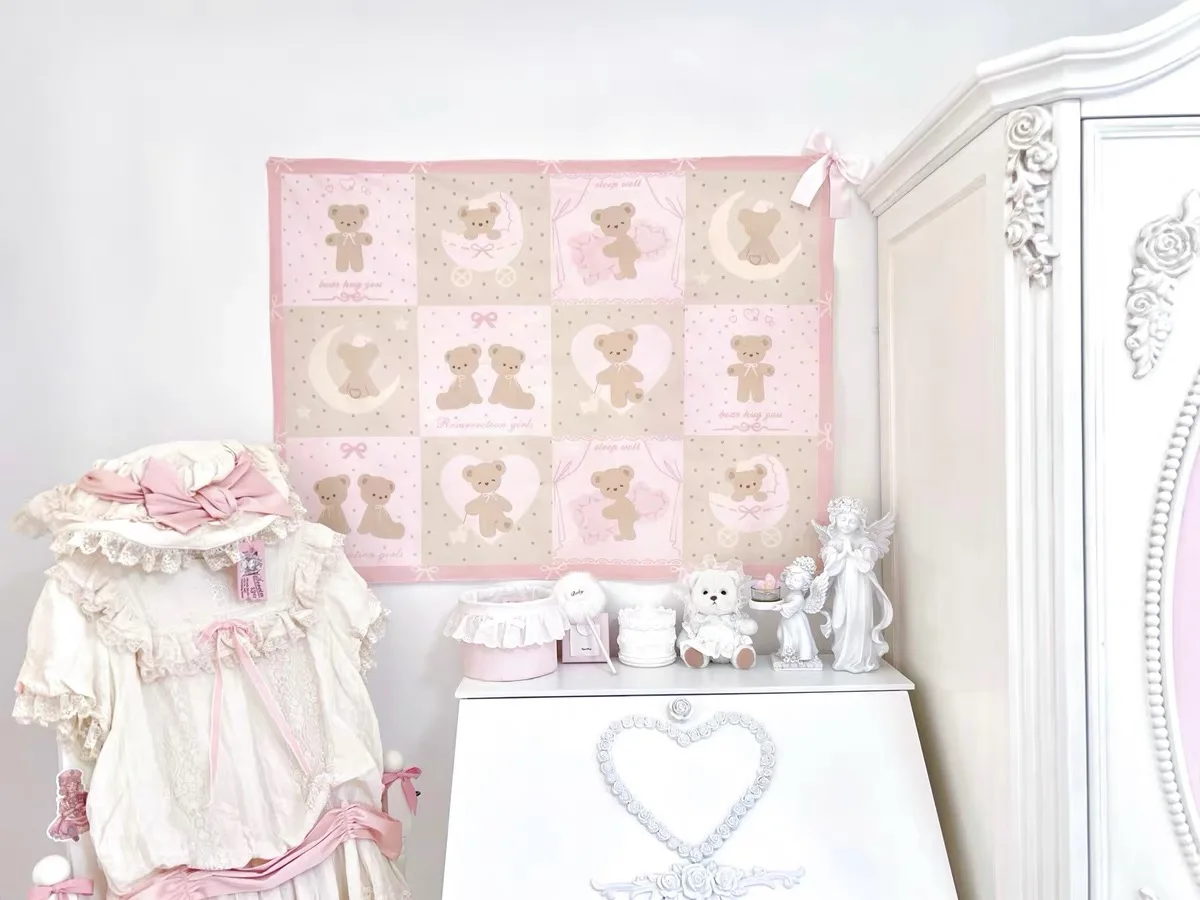 INS Cute Bear Hanging Cloth, Cartoon Pink Tapestry