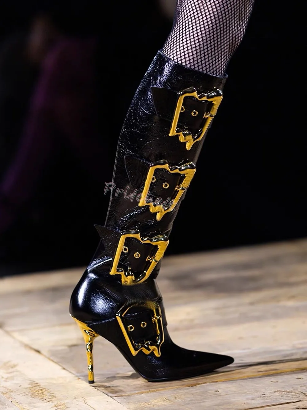 

Gold Metal Heel Knee-high Boots Pointed Toe Square Buckle Side Zipper Punk Motorcycle Boots Black Leather Women Stilettos Sexy