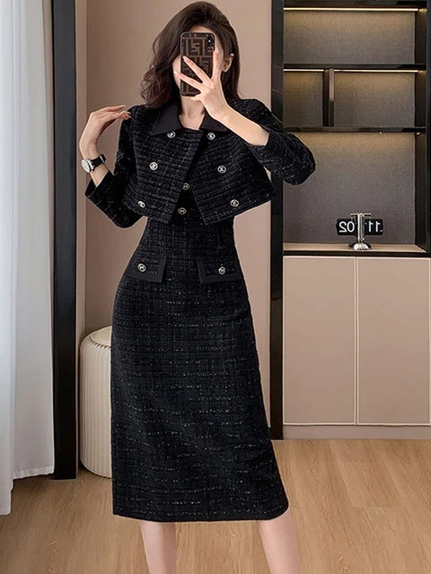 Fall Winter Fashion Black Tweed Two Piece Set Women Female Vintage Lapel Short Jacket Coat Spaghetti Straps Bodycon Dress Suit AliExpress