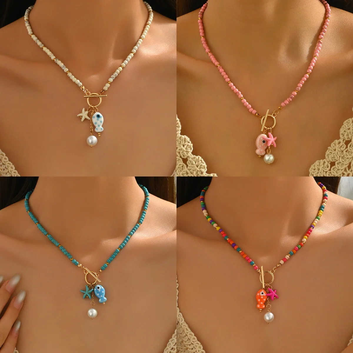 Bohemian Sea-Inspired Ceramic Fish Starfish Pendant Necklace Colorful Beads Ceramic Chain Bracelet Summer Ocean Beach Jewelry