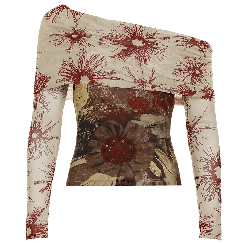 Printed Color Contrast Collar Mesh Splicing One Shoulder Slimming Long Sleeve T-shirt Top