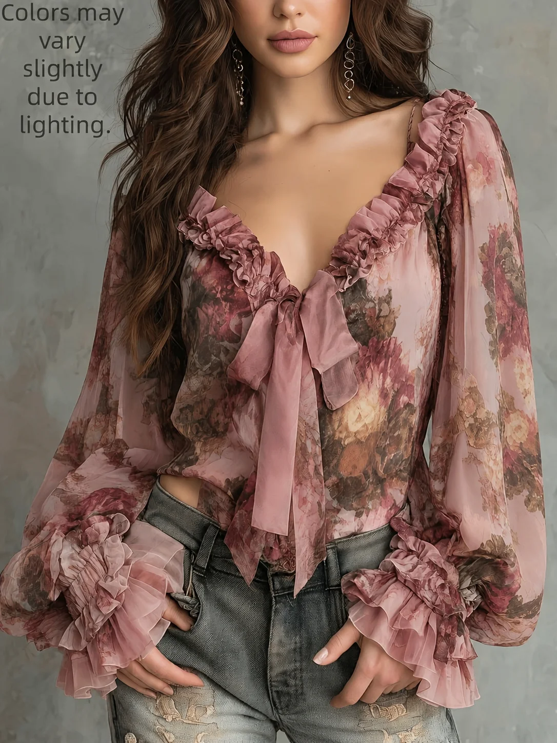 Damen Vintage Blumenmuster V-Ausschnitt Bluse mit Glockenärmeln Chiffon-Top Elegante Retro-Mode – Detail 6