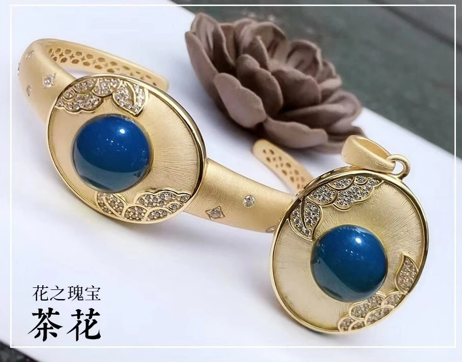 

11 + 12 ммt мексиканский синий янтарь ожерелье браслет S925 серебро матовый мастерство инкрустированный комплект ювелирных изделий цветок сокровище