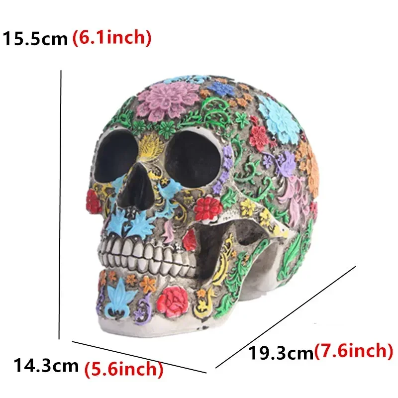 Life Size Colorful Floral Human Head Skull Statue Adult Head Bone Model Day of The Dead Decor Figurine Home Room Decorations