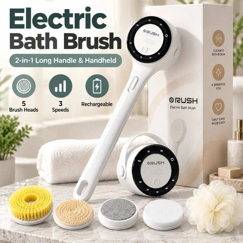 Electric Shower Brush LED Display Rotating Multifunctional Shower Brush 5 Brush Heads 3-Speed Detachable for Back Face & Shower
