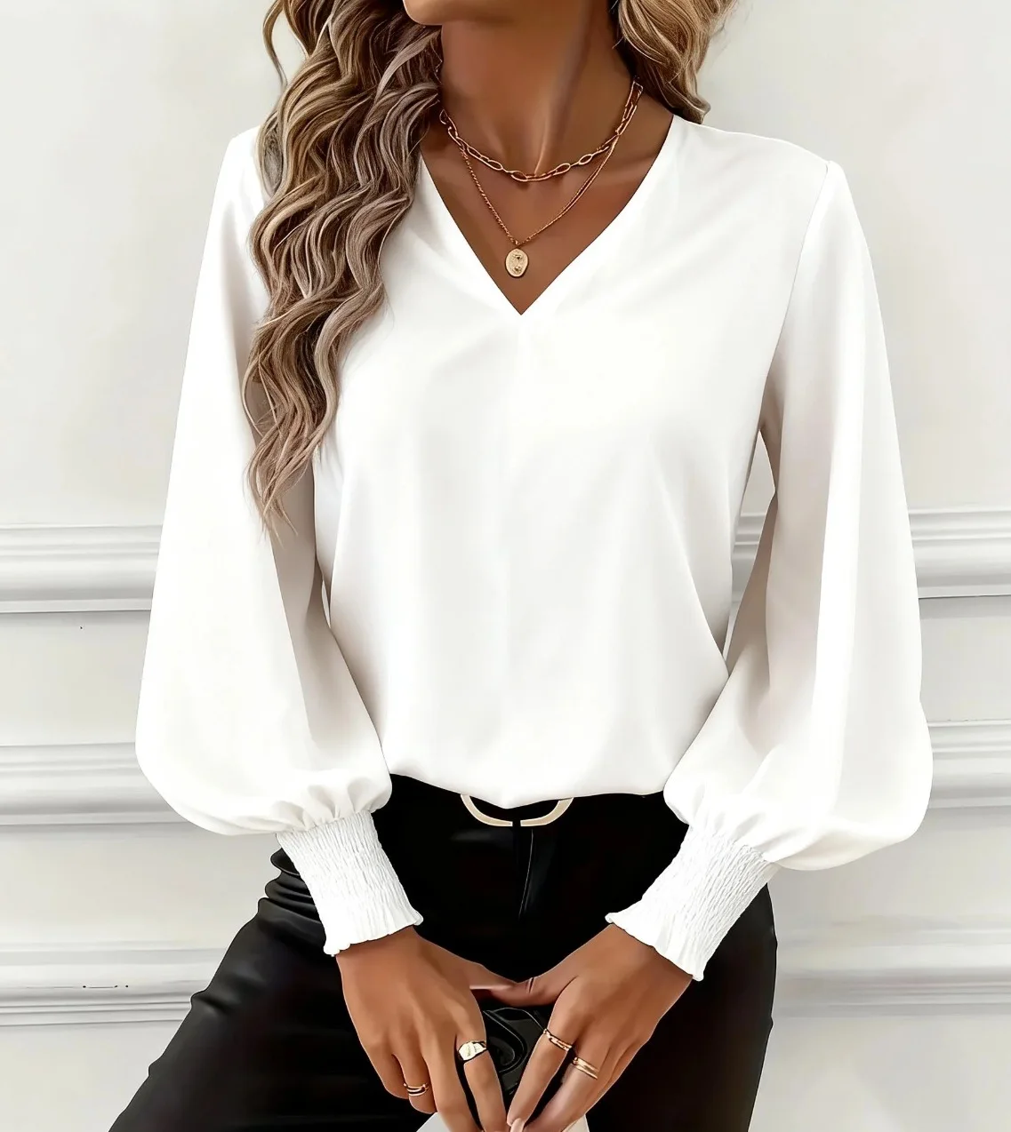 Camicia da donna in chiffon tinta unita con scollo a V pullover svasato a maniche lunghe camicia da ufficio elegante camicette larghe kaki da donna