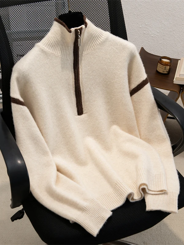 

Кашемировый осенне-зимний свитер из 100% чистого кашемира с полувысоким воротником, женская свободная тонкая рубашка с полумолнией и верхом