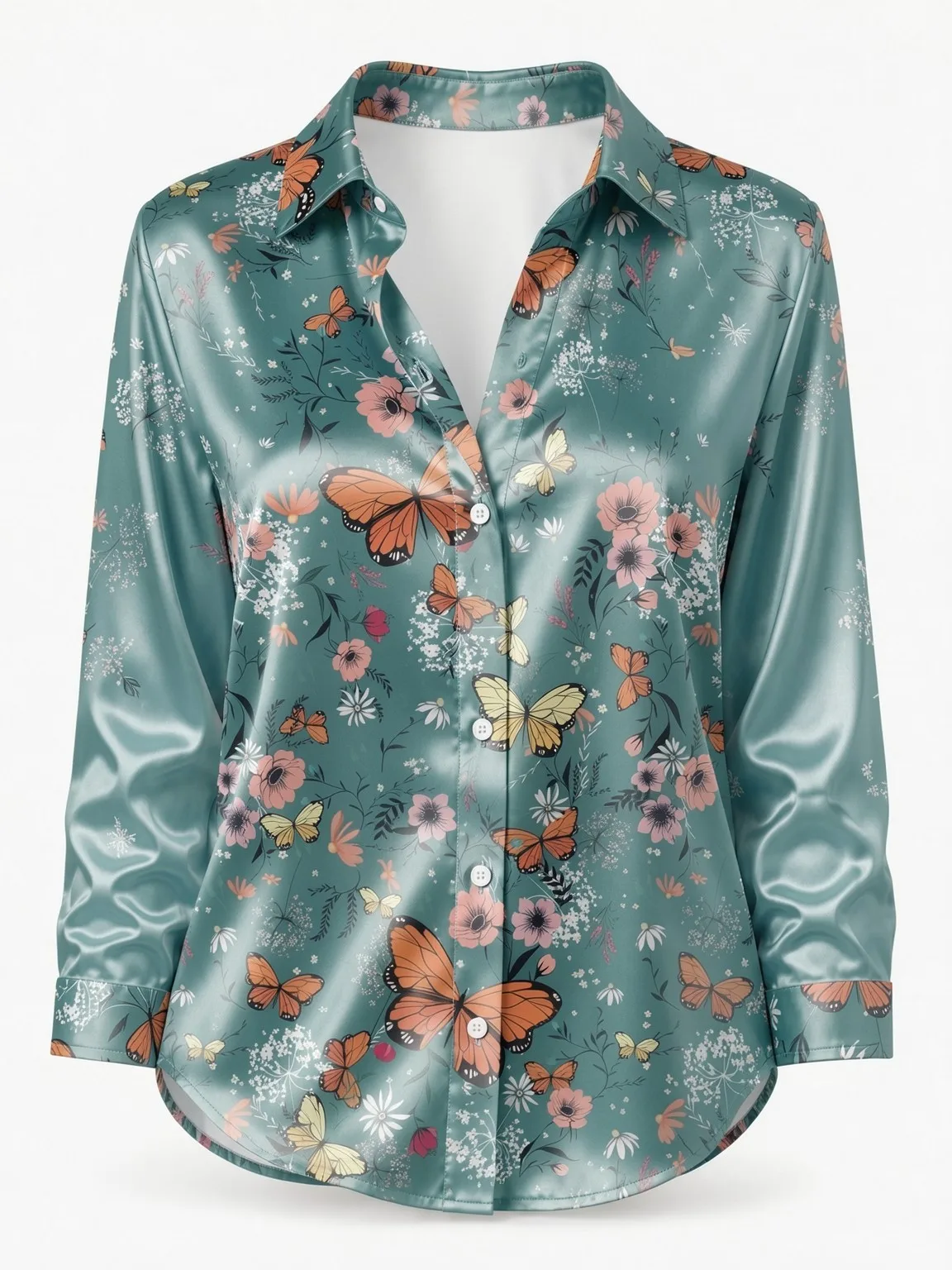 2026 Floral Print Women's Fashionable Versatile Shirt, Button-Down Collar Long Sleeve Shirt, Satin Luxury Silky Shirt