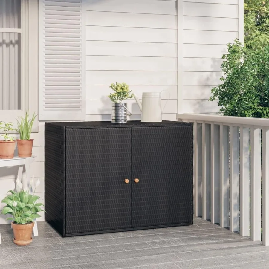 Outdoor garden storage cabinet made of poly rattan wicker in beige, weather-resistant freestanding patio storage unit with lock