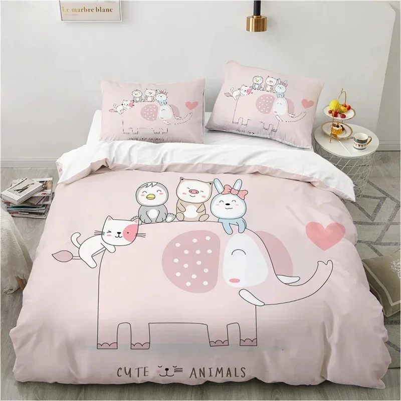 Cute Cartoon Animals Pink Toddler Bedding Set 3D Funny Cat Print Duvet Cover Twin Queen Size For Teens Kids Girls Bedroom Decor