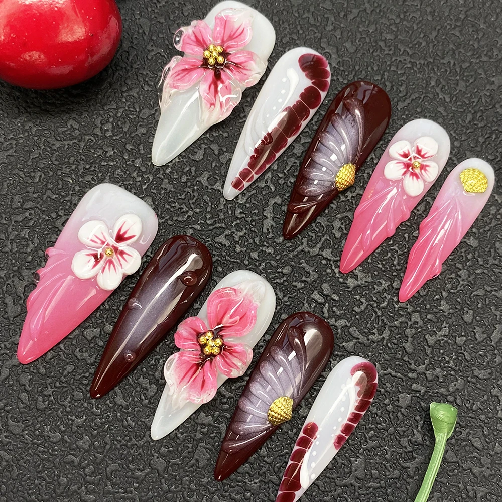 

Fashion Thickness Acrylic Press on Nails Handmade Luxury Glossy Exquisite Carved Manicure 10PCS Artificial Fingernails Tips