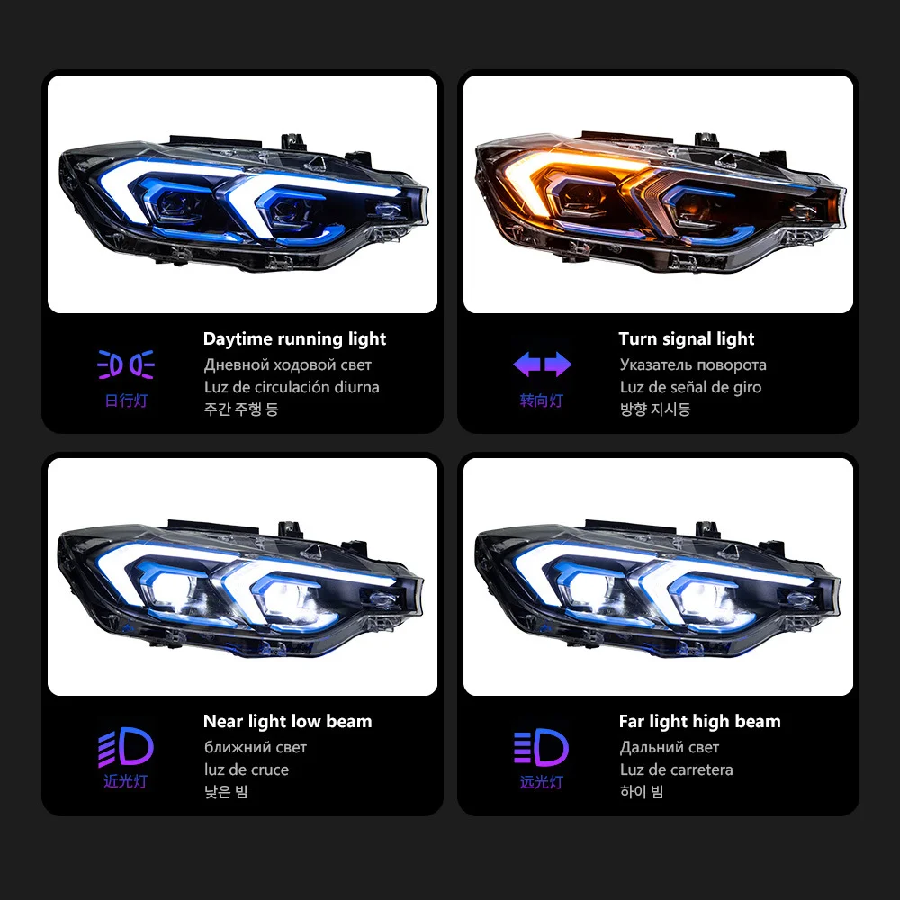 12-19년식 BMW F30 3 시리즈 개조 모델용 더블 훅 헤드라이트 어셈블리 및 방향지시등