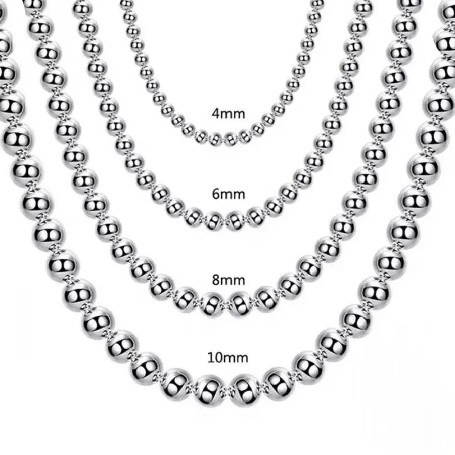 New Fine Silver Plated 4MM/6MM/8MM/10MM Smooth Beads Ball Chain Necklace For Women Men Fashion designer Jewelry Holiday gifts