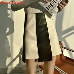 Popular Black and White Vertical Stripes Women Leather Skirts French Chic Casual  Short Saias Mujer Irregular Sexy Mini Gonne