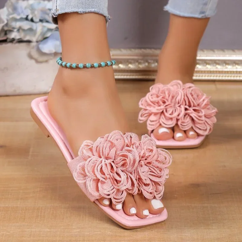 Women Flower Flat Slippers Casual Walking Shoes Female  Summer Fashion Dress Sandals Outdoor Pink Shallow Zapatillas Mujer