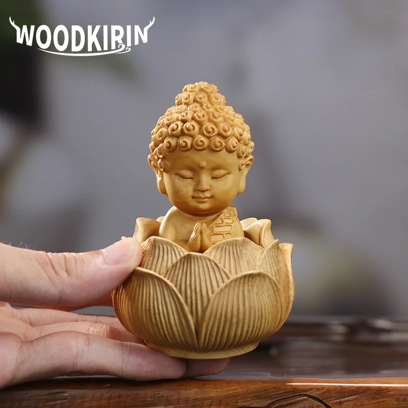 Wooden Lotus Base Sakyamuni Buddha Q version Figure Statue Hand Carved Solid Wood Home Room Office Artwork Feng Shui Statue