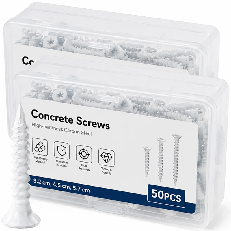 50Pcs Carbon Steel Concrete Screws White Flat Head Screws for For Brick Stone Block Cement Mortar Drilling Anchors Hardware