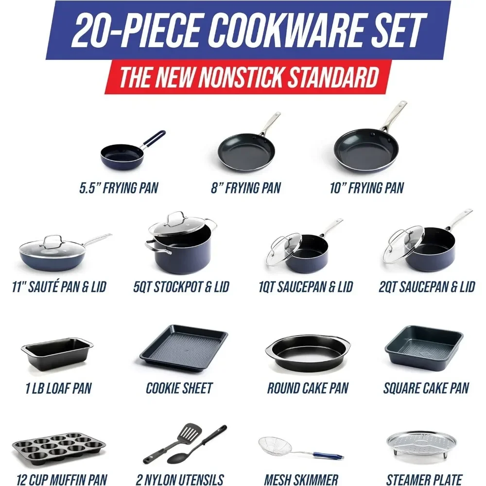 Cookware Diamond Infused Ceramic Nonstick 20 Piece, PFAS-Free, Dishwasher Safe, Oven Safe, Cookware Bakeware Pots and Pans Set