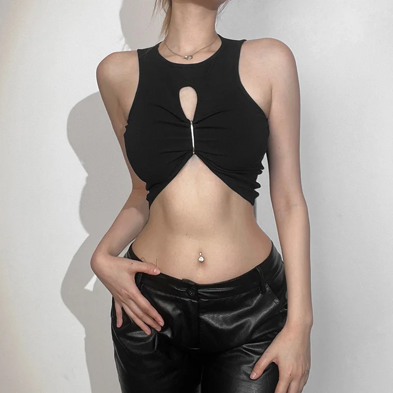 Slimfit Navel Street Fashion round Neck Women's Vest 2026 Hollow out Backless A-Line Narrow Strap Tank Top Pure Color Polyester
