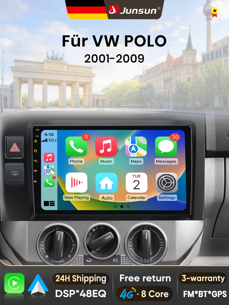 Junsun 9-Zoll Android 15 Autoradio für VW Volkswagen Polo Mk4 2001-2011, kabelloses Apple CarPlay, Auto-IPS-Bildschirm, Stereo-Multimedia-Videoplayer, intelligente Fahrzeugsysteme,