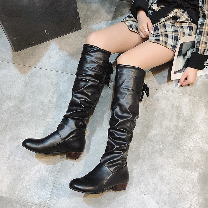 Shoes for Women 2023 Spring Knee High Boots Red Black White Tall Boots Woman Pleated Low Heel Casual Leather Female Long Shoes