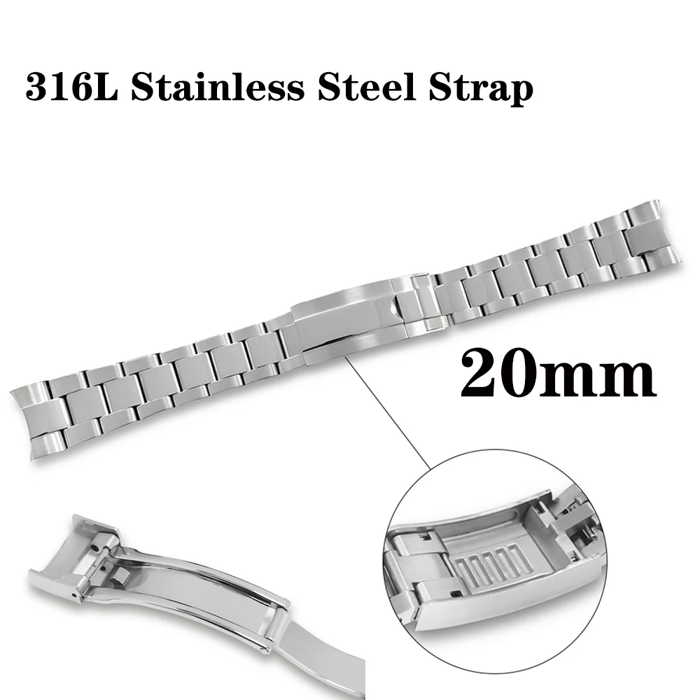 

New 316L Stainless Steel Watchband 20mm, Pull Teeth Clasp Watch Buckle, Middle Polished Strap Bracelet NH35 Men Watch Parts